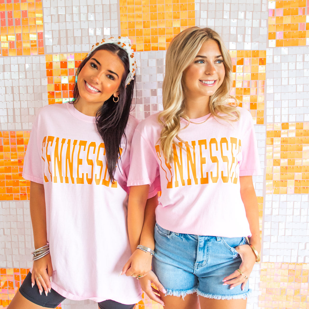 Pink Tennessee T-Shirt|Pink Tennessee Tee|Pink Tennessee T-Shirt with Orange Letters|Pink Tennessee T-Shirt with Orange Letters|Pink Tennessee T-Shirt with Orange Letters
