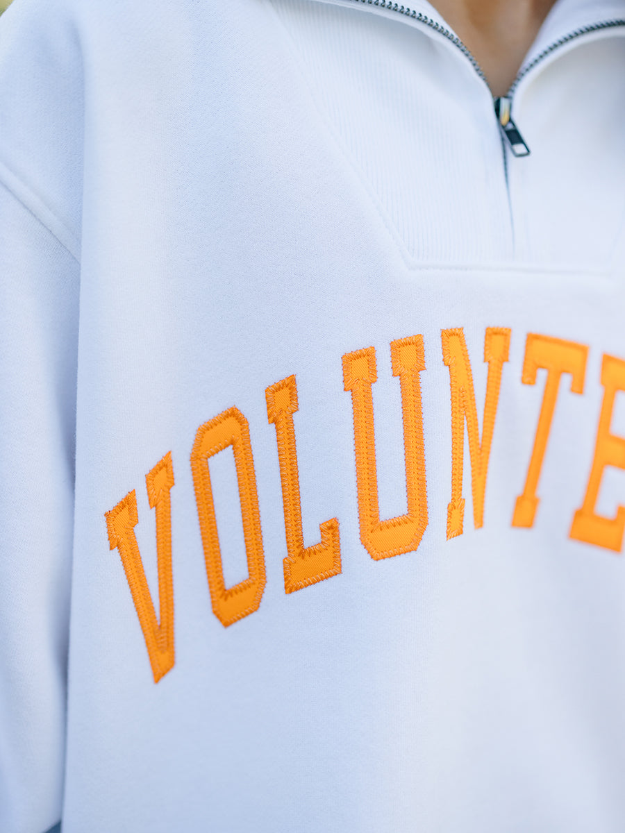 "Volunteers" Appliquéd Quarter Zip, White
