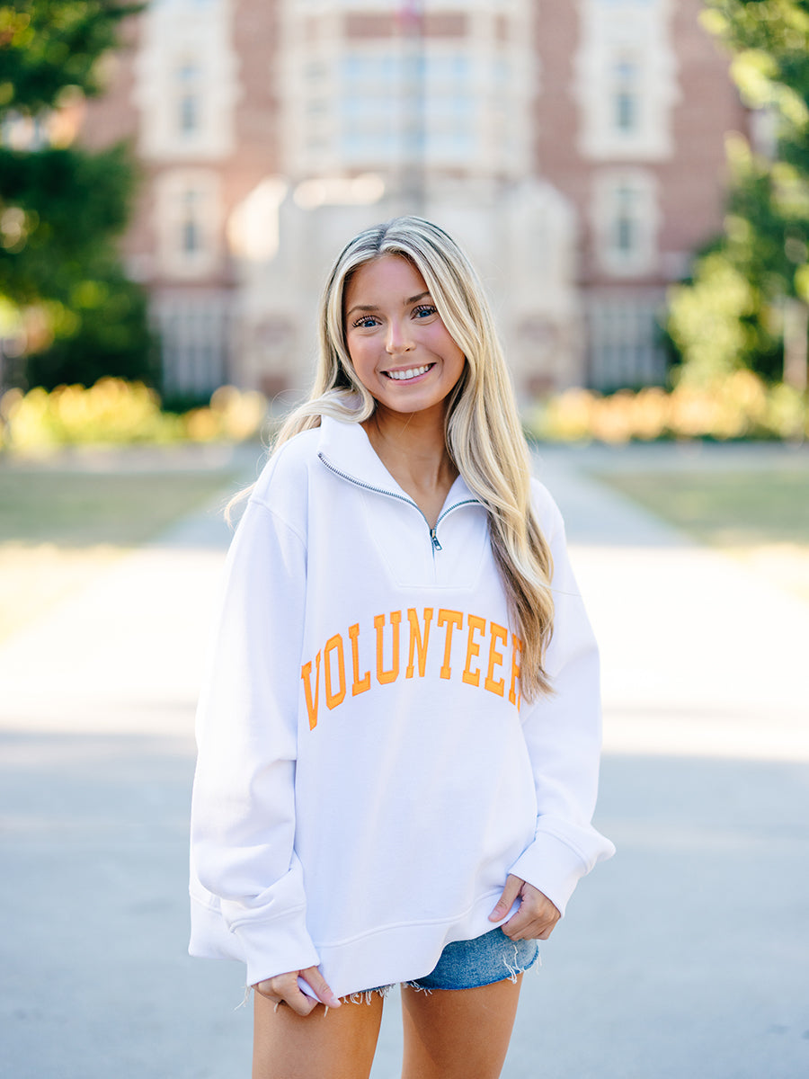 "Volunteers" Appliquéd Quarter Zip, White