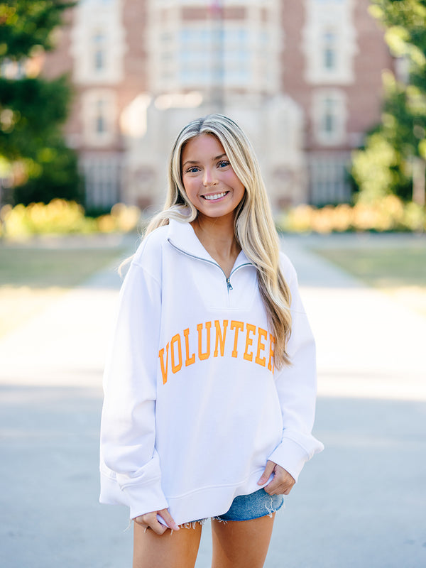 "Volunteers" Appliquéd Quarter Zip, White